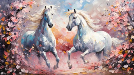 painting style illustration of happy two white horses running together in flower blossom field, Generative Ai