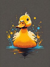 Cute Yellow Duck, Watercolor Splash Art , Abstract Background, Print, T-shirt Design.