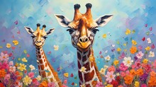 Painting Style Illustration Of Cute Two Giraffe In Flower Garden, Generative Ai