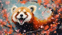 Painting Style Illustration Of Cute Red Panda In Flower Blossom Garden, Happy Animal Life, Generative Ai
