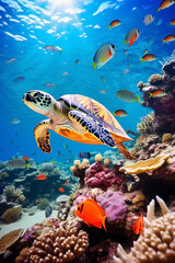 Wall Mural - Sea turtle surrounded by colorful fish underwater.