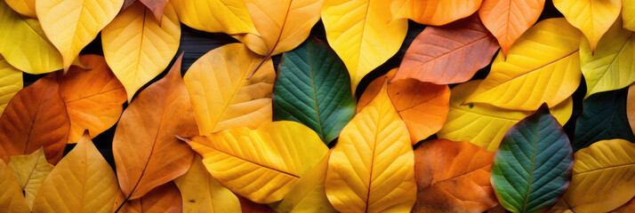 Wall Mural - Green and yellow autumn leaves on the ground. No people, close up, copy space. Panoramic banner with fall colors. 