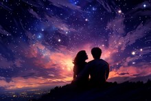 Illustration of a couple stargazing on a hilltop at night created with Generative AI technology