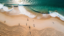 Spectacular Top View From Drone Photo Of Beautiful Beach With Relaxing Sunlight, Sea Water Waves Pounding The Sand At The Shore. Calmness And Refreshing Beach Scenery.