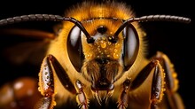 Honey Bee Head Close Up Macro View, Collecting Pollen, Macro Animal Photography