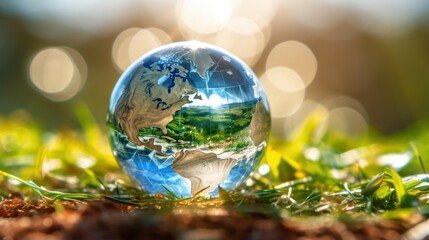 Wall Mural - transparent crystal sphere filled with sunlight on green grass with blurred background. glass globe 