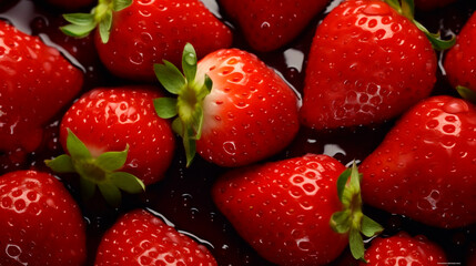 Wall Mural - Red strawberries in sugar syrup close-up top view. Generative Ai.