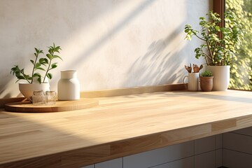 Sticker - A image showcasing a closeup view of an unoccupied area on a stunning oak wood kitchen counter. The space is bathed in the gentle morning sunlight, with the shadow of foliage leaves creating an