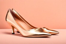 Mockup, Sleek Pointed-toe Kitten Heels With A Metallic Toe Cap, Peach Color Background, Ladies Fashionable Shoes