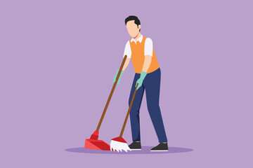 Wall Mural - Character flat drawing of housekeeping male worker with broom and dustpan. Young man janitor, sweeping the floor with broom, holding dustpan, professional cleaning. Cartoon design vector illustration