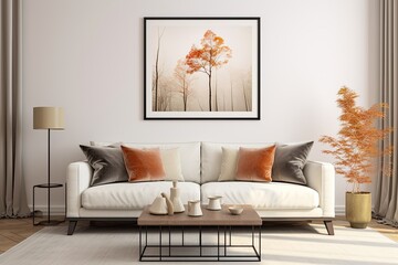 Sticker - The interior design of a sleek and trendy living room features a modern neutralcolored sofa as its centerpiece. The room is adorned with mockup poster frames, a vase filled with dried flowers, coffee