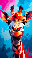 Sticker - Close up of giraffe's face on blue background.