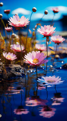 Sticker - Group of pink flowers floating on top of body of water.