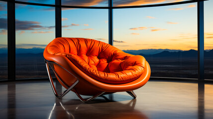 Sticker - Orange leather chair sitting in front of large window.