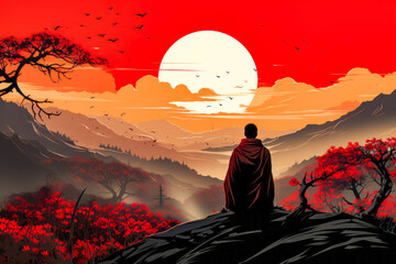 Wall Mural - Man sitting on top of hill looking at sunset.