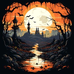 Poster - Spooky halloween scene with castle in the background.