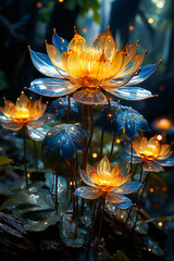 Poster - Group of blue and yellow flowers sitting on top of lush green field.