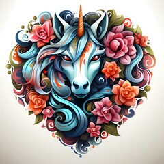 Canvas Print - Drawing of unicorn's head surrounded by flowers.