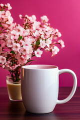 Canvas Print - White mug with pink flowers in it on table.