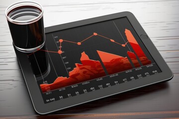 Poster - Tablet with chart of oil prices on wooden background. A glass with crude oil stands on the screen. Red graph of energy prices. Financial analysis, results and forecasts. Template, isolated.