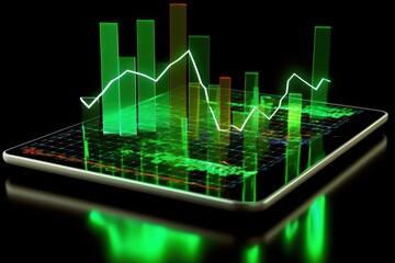Poster - Tablet with financial rise and fall chart. Green and red 3D graphs of financial stock market, energy prices, business and technology development. Financial analysis, results and forecasts. Template.