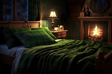 Poster - The bedroom interior is adorned with green blankets on the bed, accompanied by flickering candles and a softly glowing lamp that illuminate the room at night.