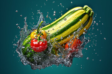 Poster - An vibrant photograph of a Zucchini splashed in bright paint, symbolizing freshness and health.   Generative AI technology.