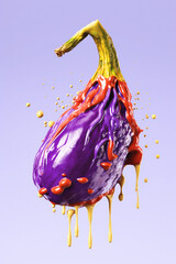 Fototapete - An abstract surreal photograph of a Eggplant splashed in bright paint, symbolizing freshness and health.    Generative AI technology.