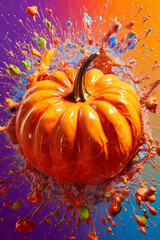 Poster -  An abstract surreal photograph of a Pumpkin splashed in bright paint, symbolizing freshness and health.   Generative AI technology.