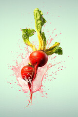 Leinwandbilder -  An abstract surreal photograph of a Radish splashed in bright paint, symbolizing freshness and health.   Generative AI technology.