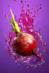 Poster - An abstract surreal photograph of a Beetroot splashed in bright paint, symbolizing freshness and health.   Generative AI technology.