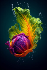 Aufkleber -   An abstract surreal photograph of a Cabbage splashed in bright paint, symbolizing freshness and health. Generative AI technology.