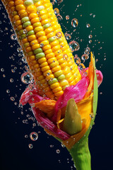 Poster - An abstract surreal photograph of a Corn splashed in bright paint, symbolizing freshness and health.    Generative AI technology.