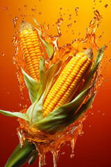 Poster - An abstract surreal photograph of a Corn splashed in bright paint, symbolizing freshness and health.    Generative AI technology.