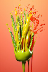 Aufkleber - An abstract surreal photograph of a Asparagus splashed in bright paint, symbolizing freshness and health.    Generative AI technology.