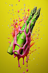 Poster - An abstract surreal photograph of a Asparagus splashed in bright paint, symbolizing freshness and health.    Generative AI technology.
