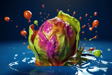 Poster -   An vibrant photograph of a Brussels sprouts splashed in bright paint, symbolizing freshness and health Generative AI technology.