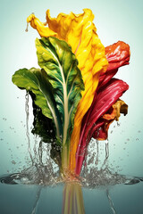 Poster - An abstract surreal photograph of a Swiss chard splashed in bright paint, symbolizing freshness and health.  Generative AI technology.