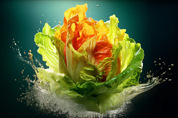 Poster - An vibrant photograph of a Lettuce splashed in bright paint, symbolizing freshness and health. Generative AI technology.