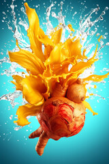 Poster - An abstract surreal photograph of a Ginger splashed in bright paint, symbolizing freshness and health.  Generative AI technology.