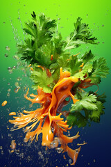 Poster - An abstract surreal photograph of a Cilantro splashed in bright paint, symbolizing freshness and health. Generative AI technology.