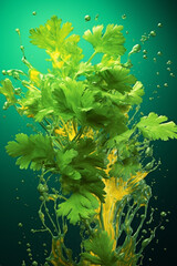 Aufkleber - An abstract surreal photograph of a Cilantro splashed in bright paint, symbolizing freshness and health. Generative AI technology.