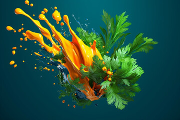 Poster - An vibrant photograph of a Parsley splashed in bright paint, symbolizing freshness and health.  Generative AI technology.
