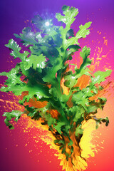 Aufkleber - An abstract surreal photograph of a Parsley splashed in bright paint, symbolizing freshness and health.  Generative AI technology.