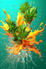 Poster - An abstract surreal photograph of a Parsley splashed in bright paint, symbolizing freshness and health.  Generative AI technology.