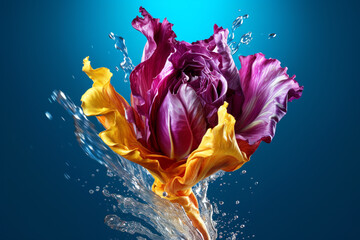 Poster - An vibrant photograph of a Radicchio splashed in bright paint, symbolizing freshness and health.  Generative AI technology.