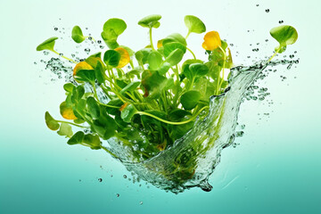 Poster - An vibrant photograph of a Watercress splashed in bright paint, symbolizing freshness and health.  Generative AI technology.