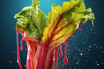 Poster - An vibrant photograph of a Rhubarb splashed in bright paint, symbolizing freshness and health.  Generative AI technology.