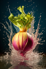 Poster - An abstract surreal photograph of a Kohlrabi splashed in bright paint, symbolizing freshness and health.  Generative AI technology.