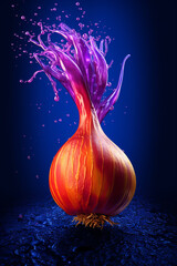 Poster - An abstract surreal photograph of a Shallot splashed in bright paint, symbolizing freshness and health. Generative AI technology.